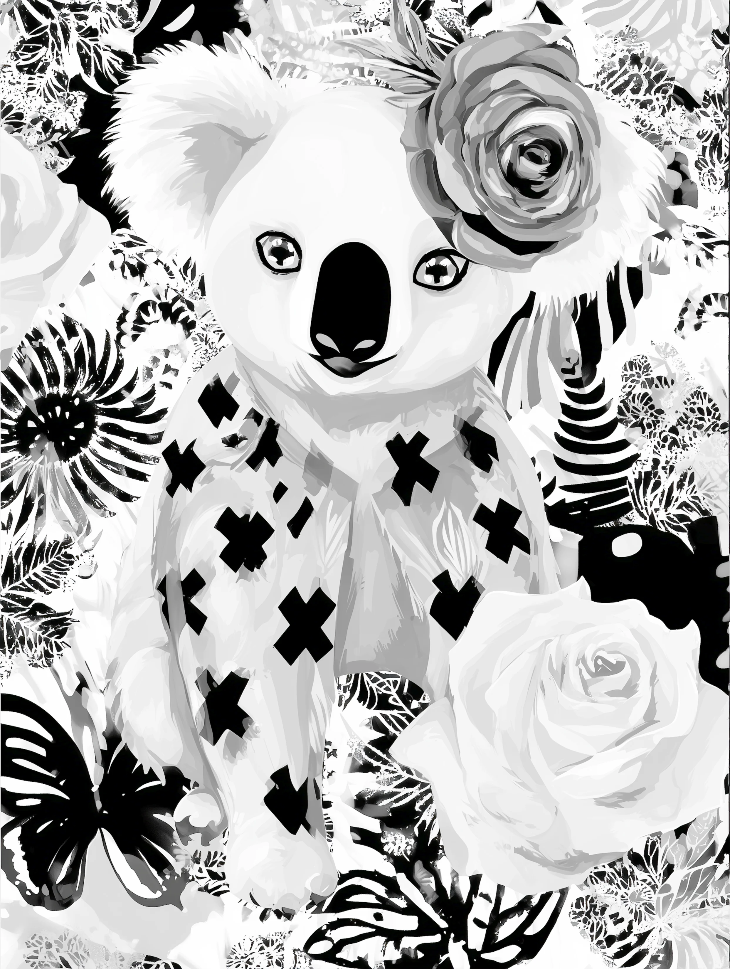 Free printable koala coloring page for adults featuring a koala with x shirt